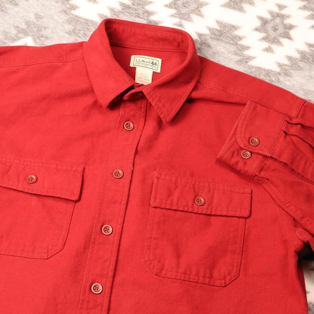 LL Bean Chamois Cloth Shirt Solid Red Mens Large Regular Button Down Cotton